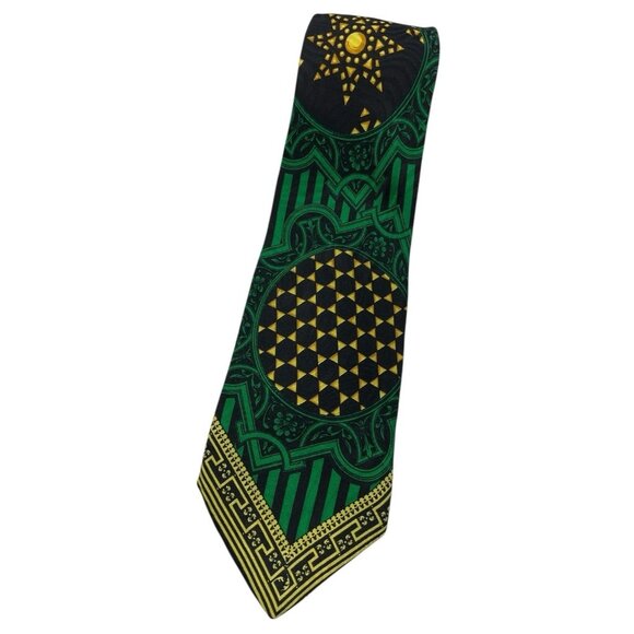 V2 BY VERSACE Men's 100% Silk Necktie LUXURY Green Gold Geometric W:3.7" EUC - Picture 1 of 5